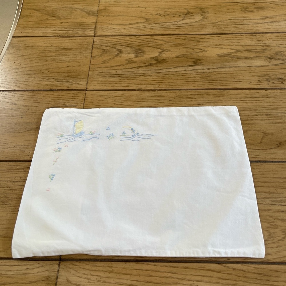 VTG Baby Crib Pillowcase Embroidered Sail Boat~Anchor Children